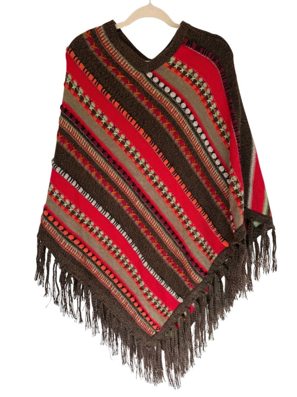 Southwestern Embroidered Stripe Fringe Poncho Sweater Boho Cape